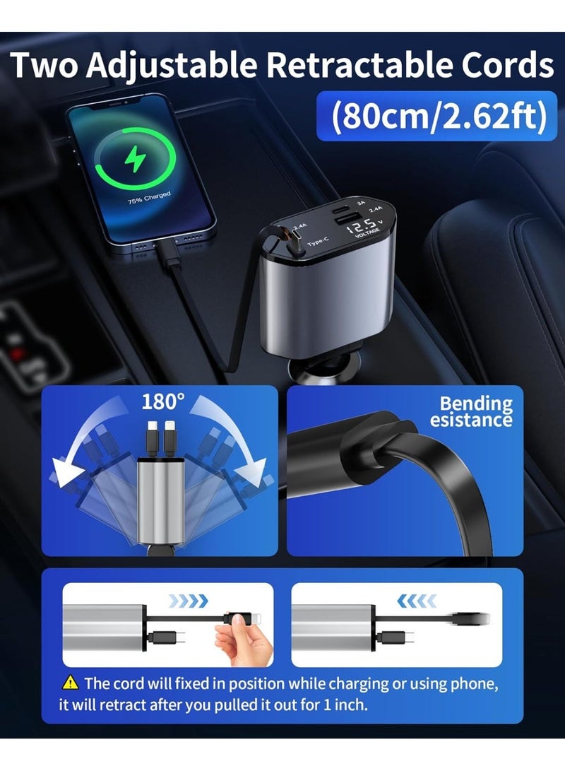 Retractable Car Charger, 4 in 1 Fast Charging Car Charger USB-C & USB-A, Retractable Cables Compatible with iPhone - Image 2
